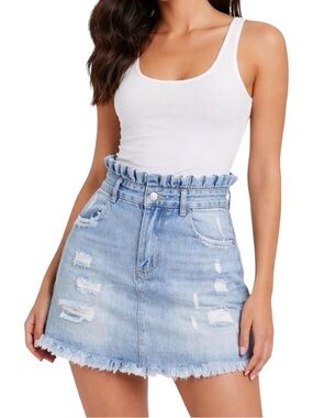 Hayden Los Angeles Paper Bag Ruffle Waist Mini Skirt - Medium - Light Denim